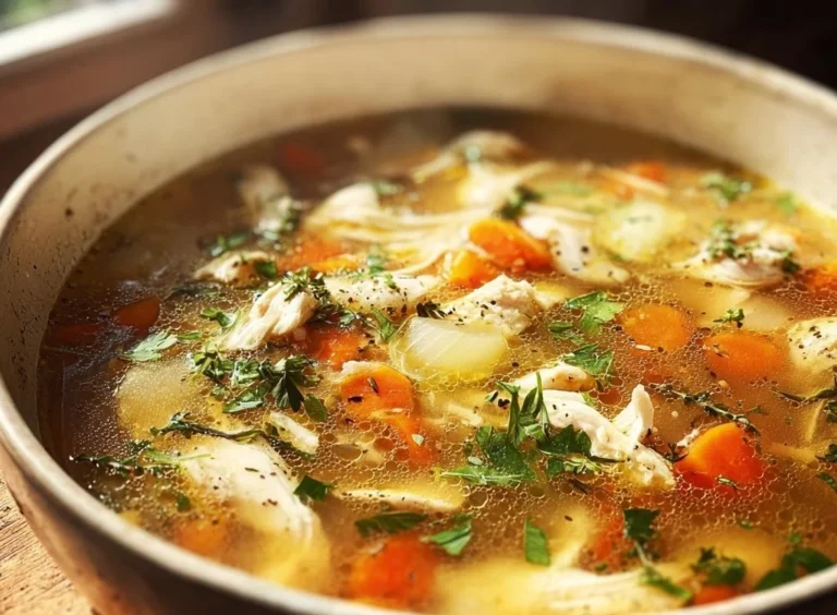 Bowl of easy and healthy homemade chicken soup with vegetables and herbs