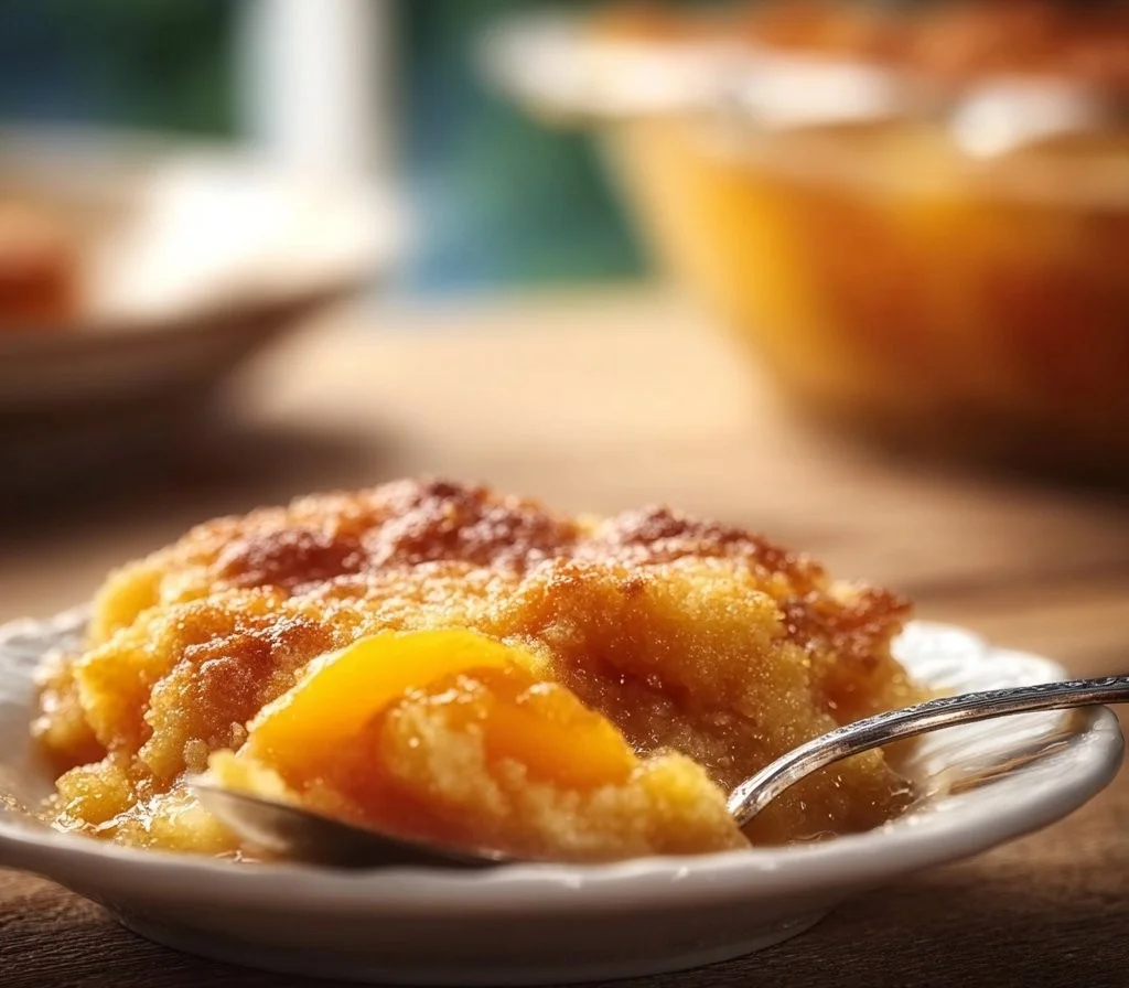 Delicious easy canned peach cobbler served warm with ice cream