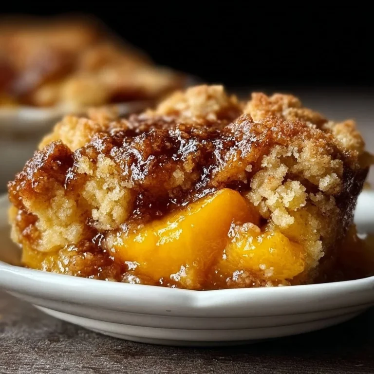 Delicious easy one-bowl peach cobbler dump cake served in a dish