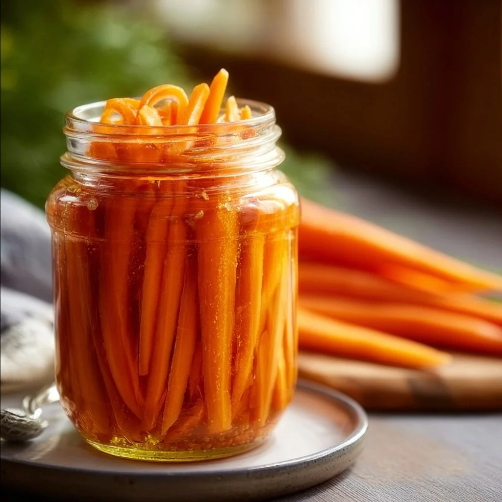 Jar of easy pickled carrots with spices and fresh ingredients