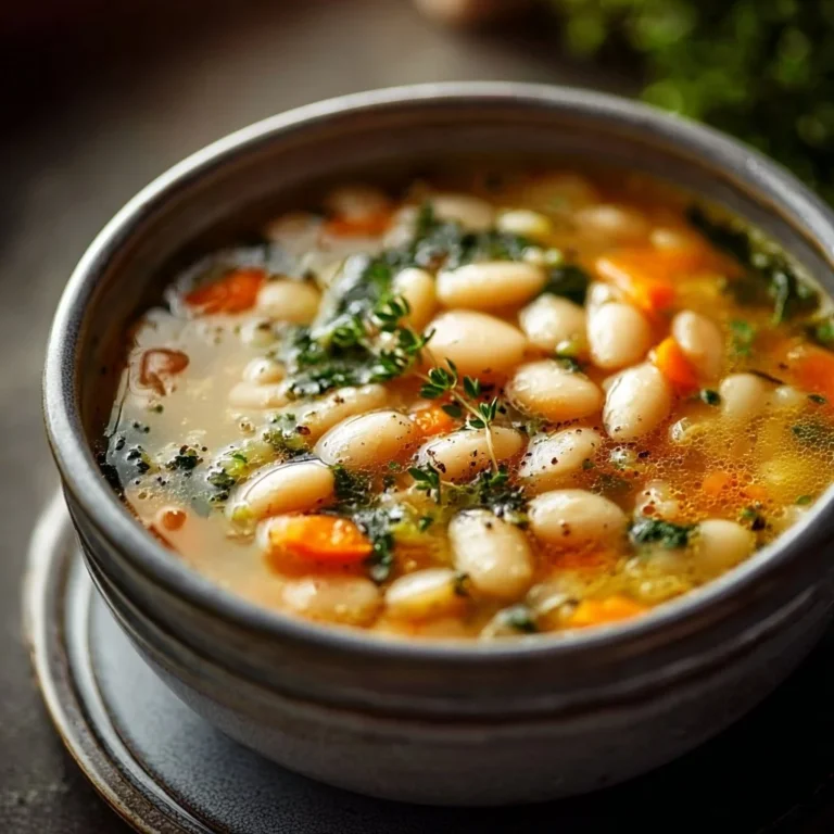 Bowl of Easy Tuscan White Bean Soup garnished with herbs and bread