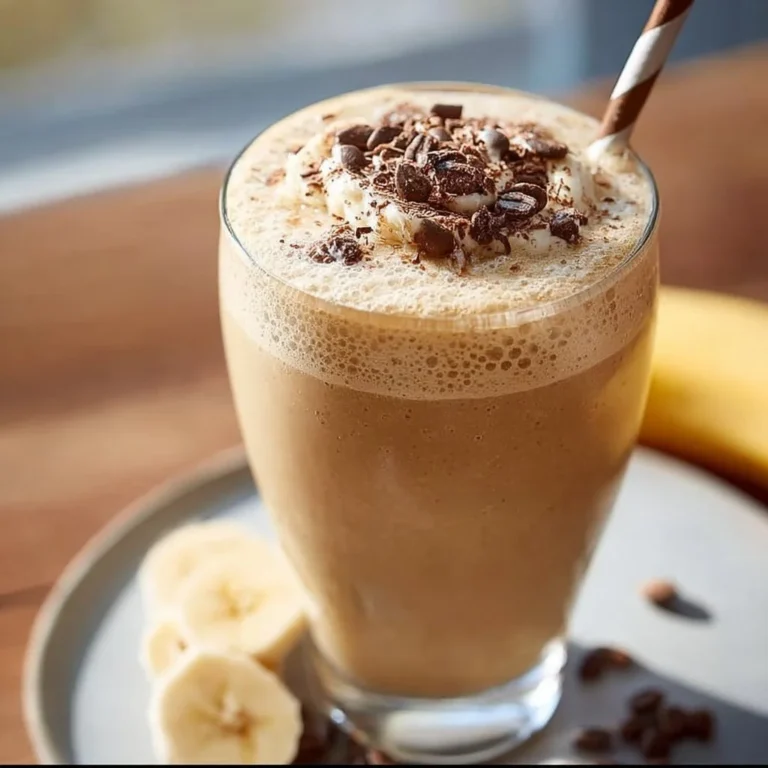 Glass of Espresso Banana Smoothie topped with banana slices and coffee beans