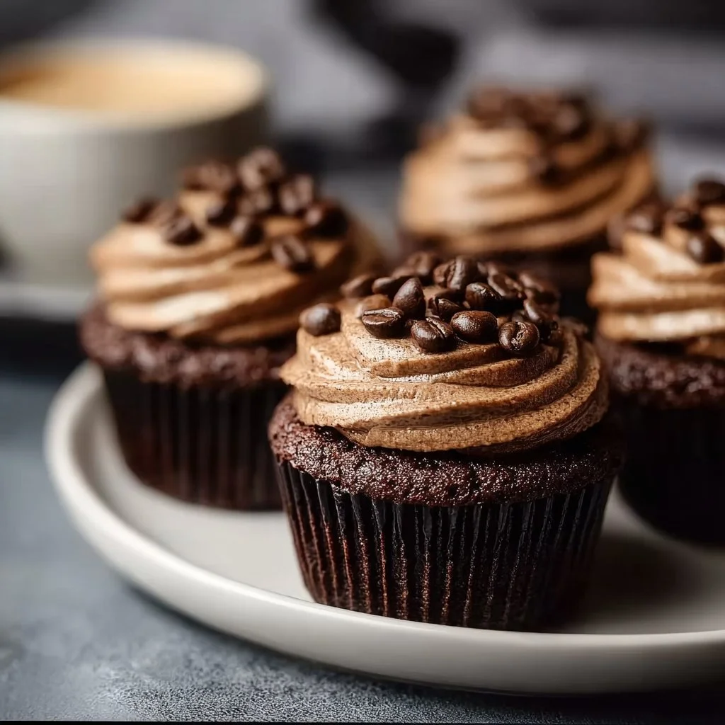 Decadent Espresso Brownie Cupcakes topped with creamy frosting