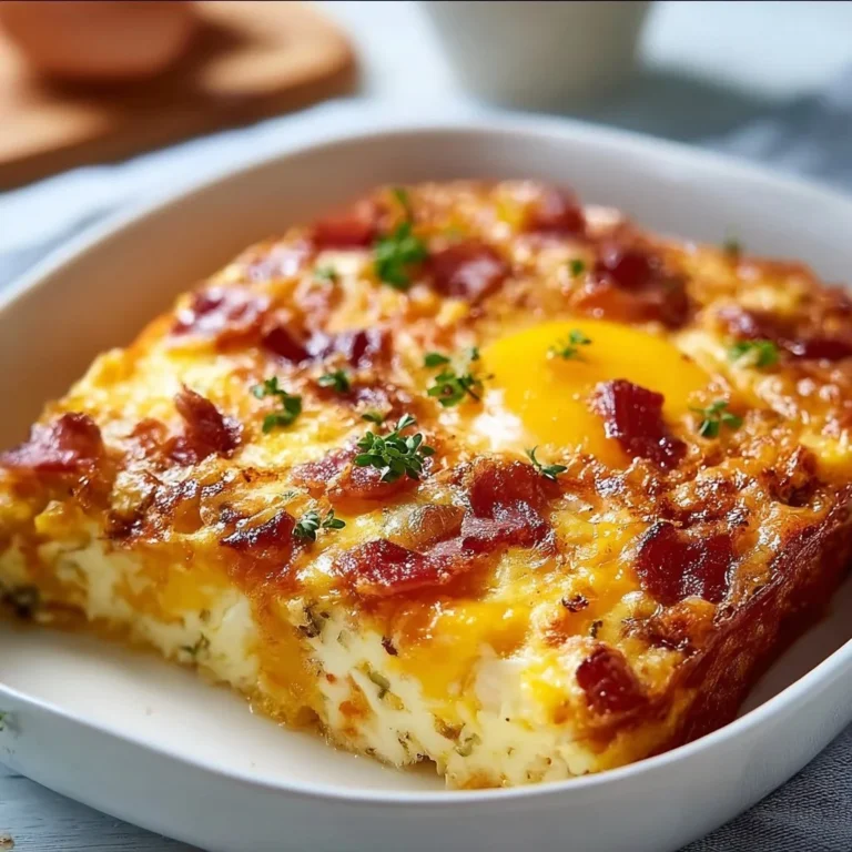 Gluten-free bacon and egg casserole served in a dish
