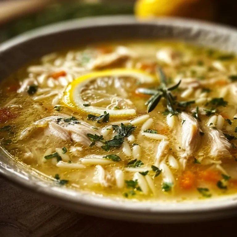 Bowl of Greek Lemon Chicken Soup garnished with lemon and herbs
