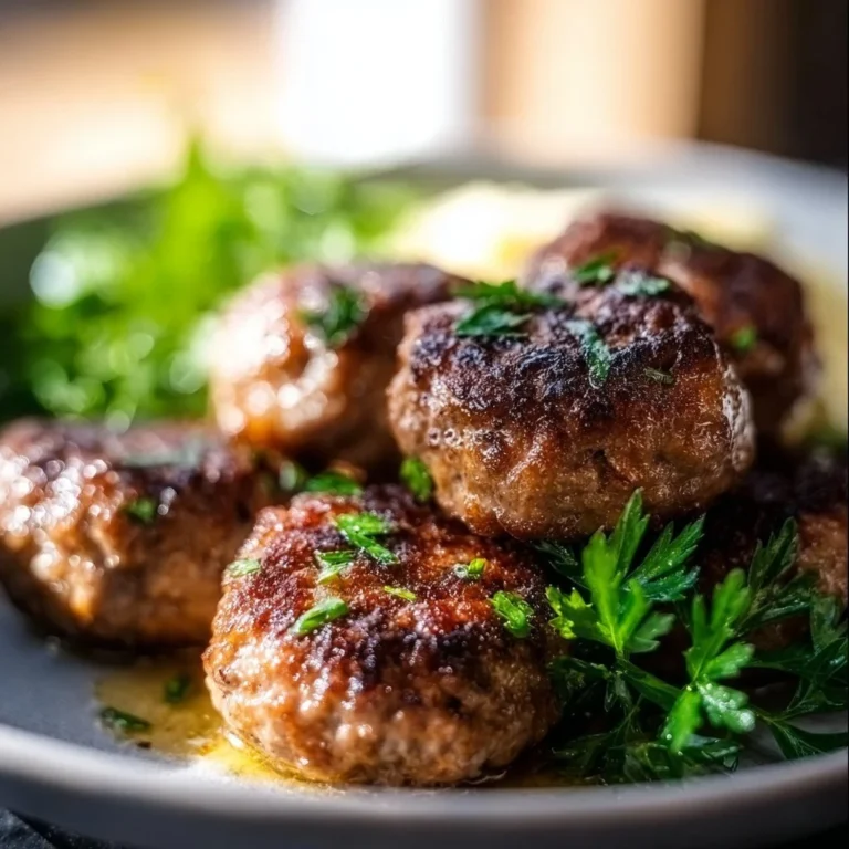 Delicious homemade beef rissoles on a plate garnished with fresh herbs