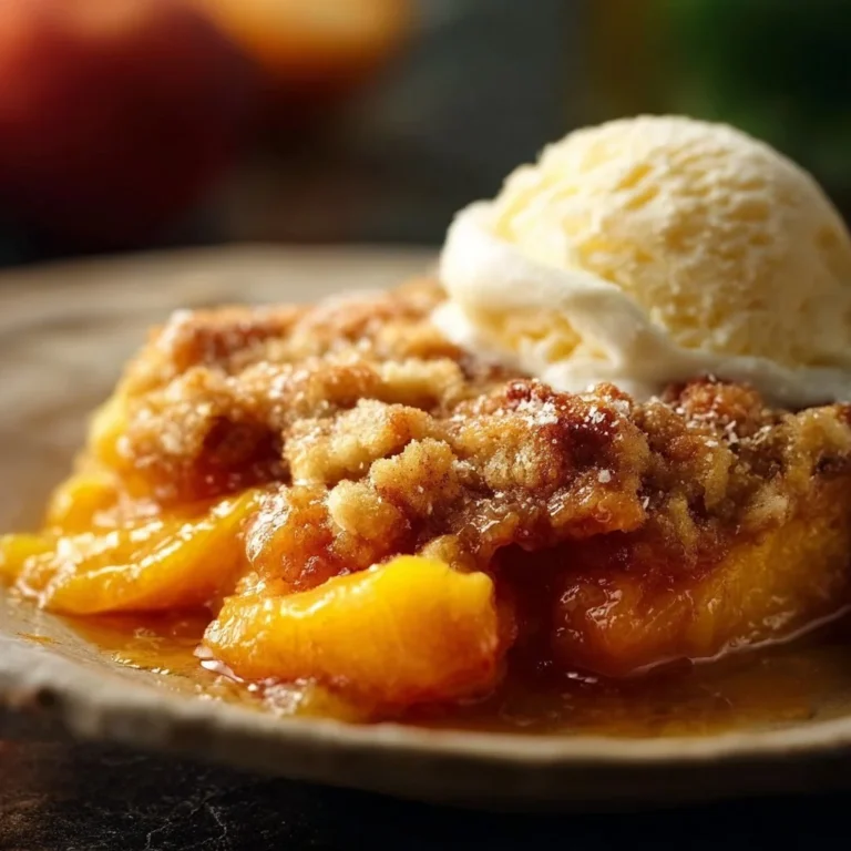 Delicious homemade peach cobbler with golden crust and fresh peaches