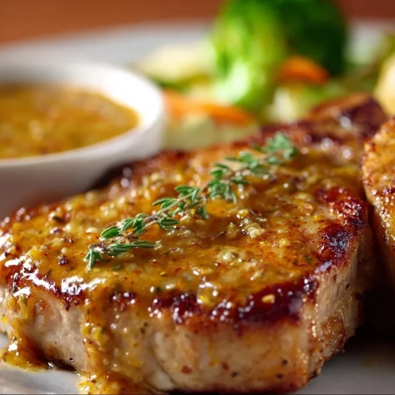 Honey mustard pork chops cooked and garnished with herbs on a plate