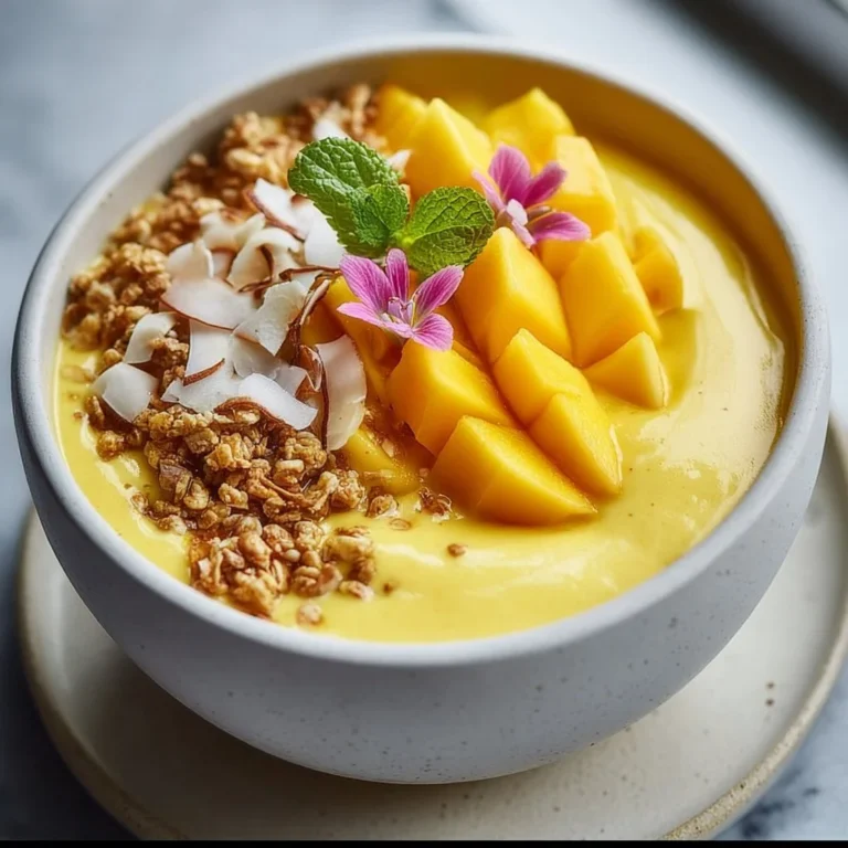 Iced Mango Lassi Smoothie Bowl topped with fresh mango slices and nuts