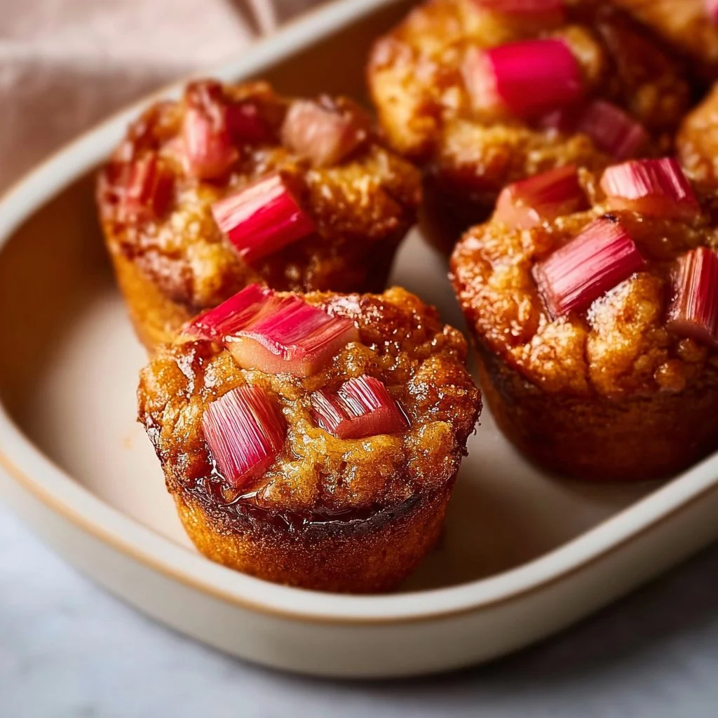Delicious upside down rhubarb muffins on a wooden table