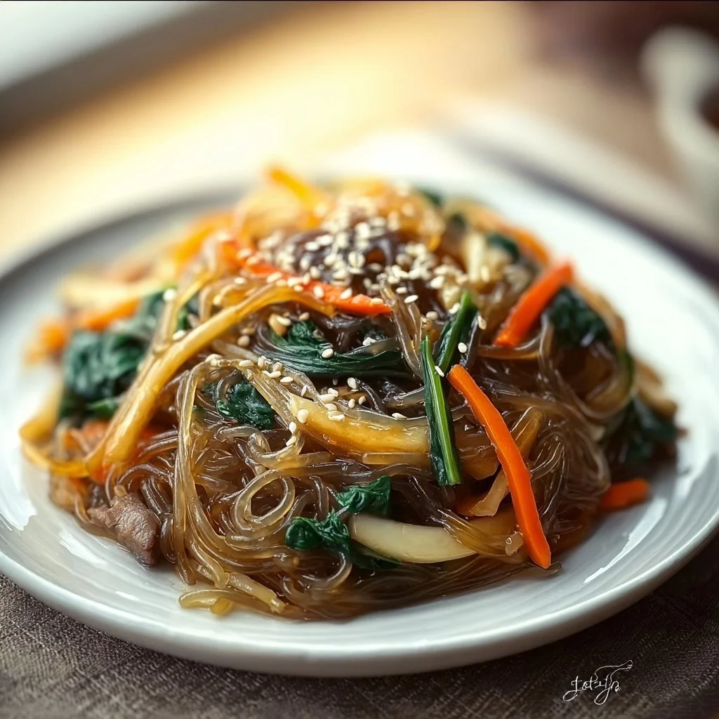 Delicious Japchae - Korean stir-fried noodles with vegetables and beef.