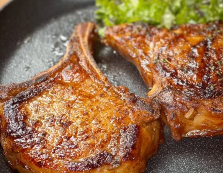 Juicy air fryer bone-in pork chops served on a plate