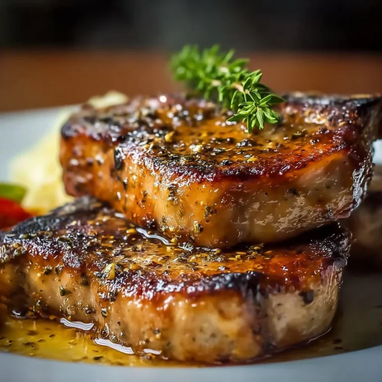 Juicy baked pork chops seasoned and cooked to perfection on a plate