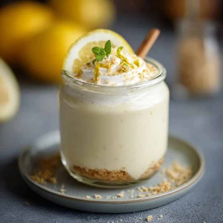 Vegan Lemon Cream Pie protein shake in a glass with lemon slice garnish
