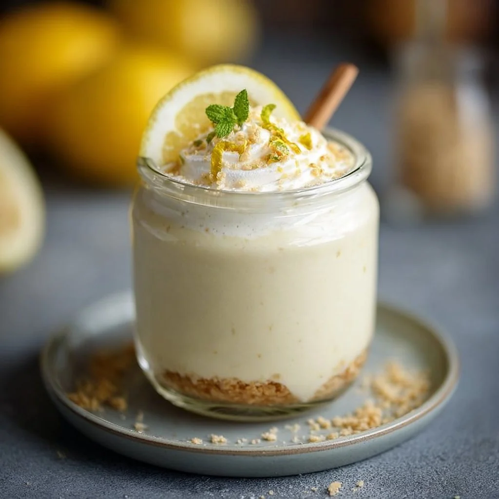 Vegan Lemon Cream Pie protein shake in a glass with lemon slice garnish