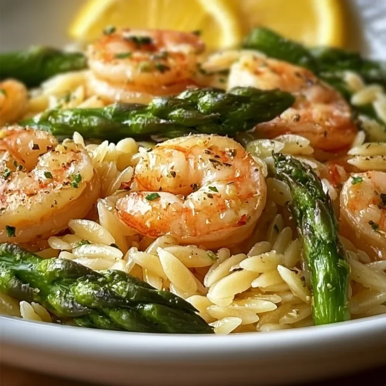 Lemon Garlic Shrimp with Asparagus Orzo served on a white plate
