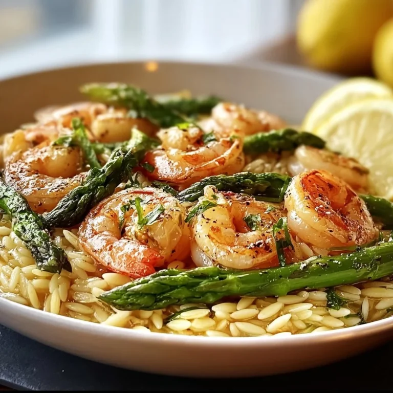 Delicious Lemon Garlic Shrimp and Asparagus Orzo dish ready to serve.