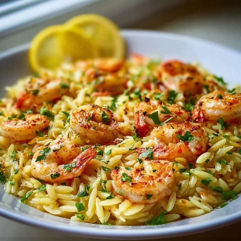 Plate of Lemon Garlic Shrimp Orzo with herbs and lemon slices