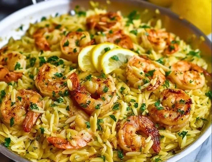Lemon Garlic Shrimp Orzo