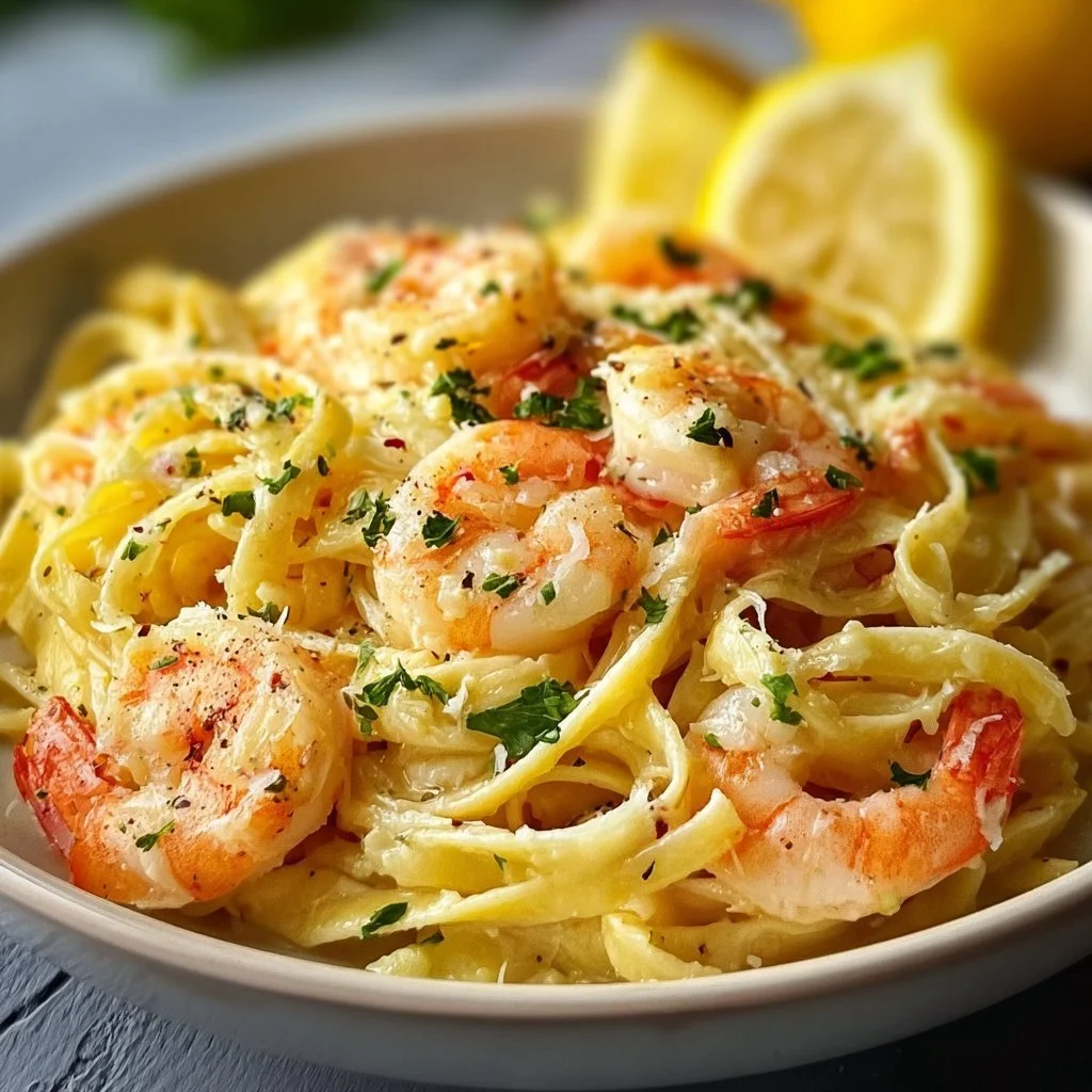 Plate of flavorful Lemon Shrimp Pasta garnished with fresh herbs and lemon slices.