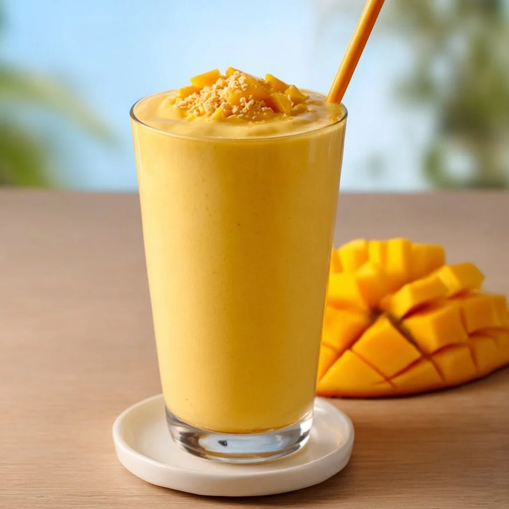 Delicious mango milkshake topped with fresh fruit and whipped cream.