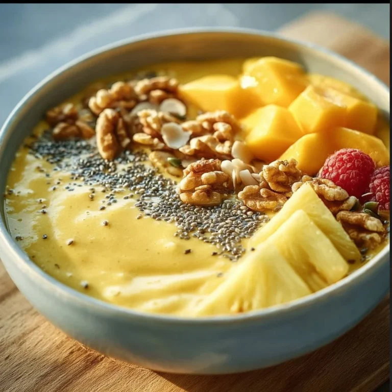 Delicious mango pineapple smoothie bowl topped with fresh fruits and seeds