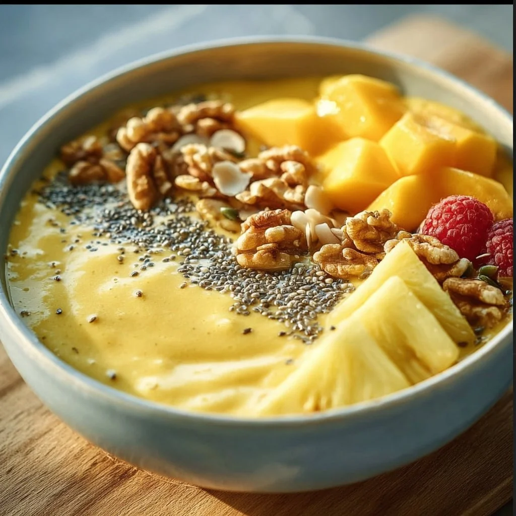 Delicious mango pineapple smoothie bowl topped with fresh fruits and seeds