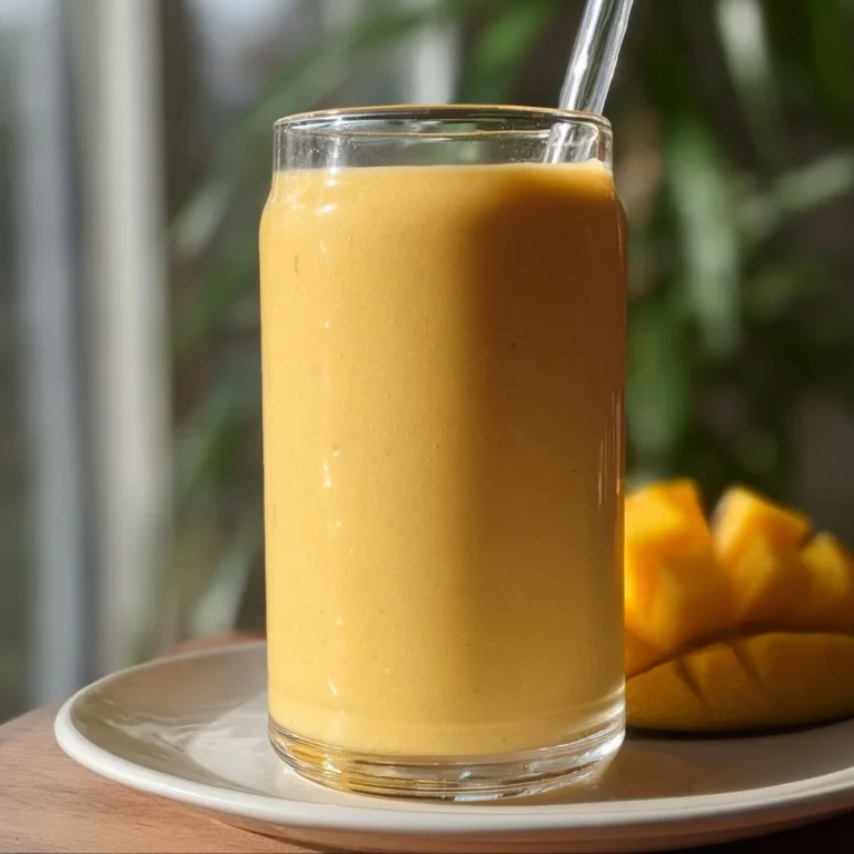 A refreshing mango protein smoothie in a glass, garnished with mint leaves.