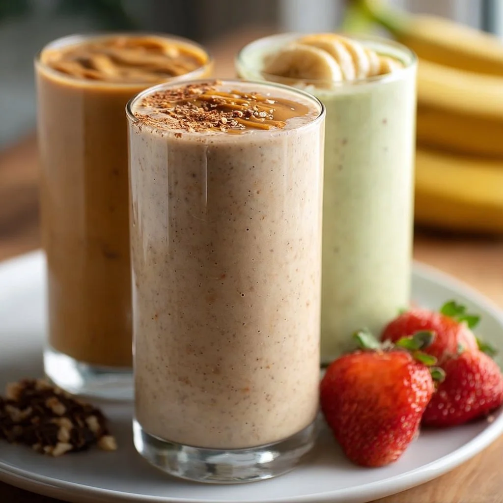 Variety of meal prep protein smoothies in jars ready for on-the-go nutrition