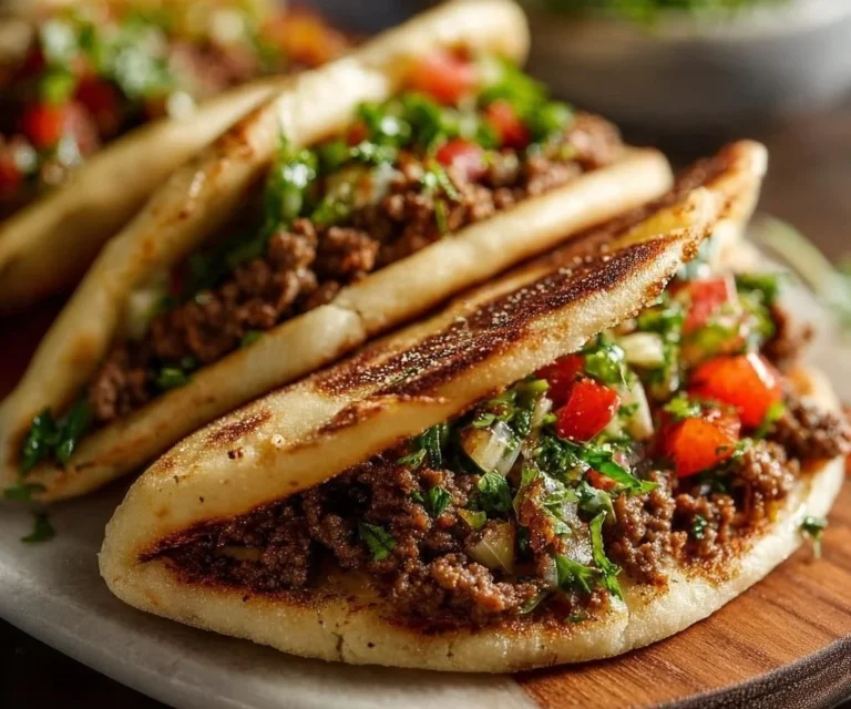 Mediterranean ground beef pita pockets filled with fresh ingredients.