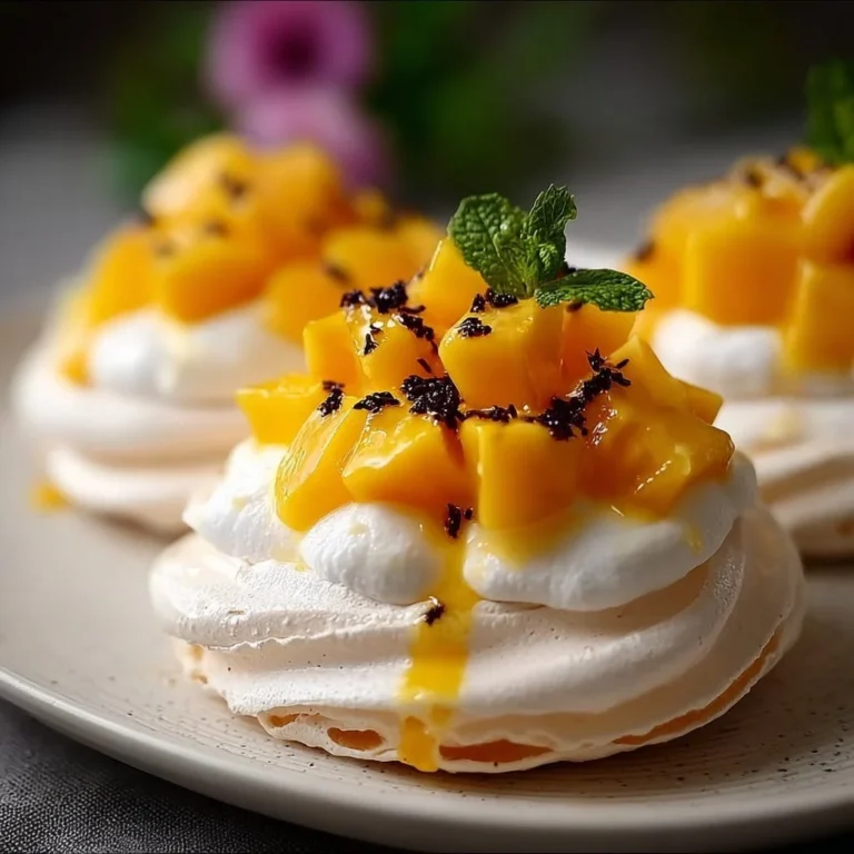 Mini pavlovas topped with fresh mango slices on a white plate.