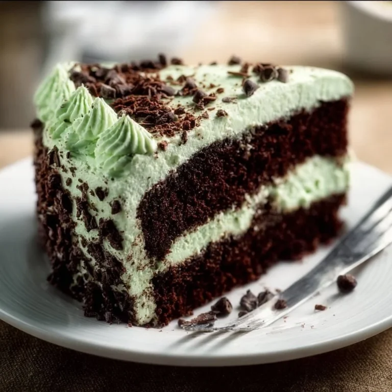 Slice of mint chocolate chip cake garnished with chocolate chips and mint leaves
