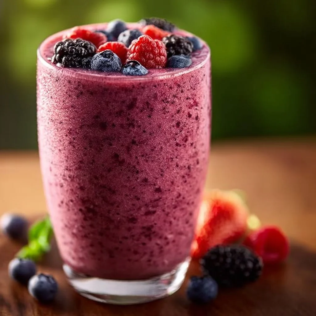 Delicious mixed berry smoothie in a glass topped with fresh berries