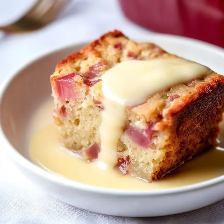 Delicious moist rhubarb cake drizzled with buttery sauce on a white plate