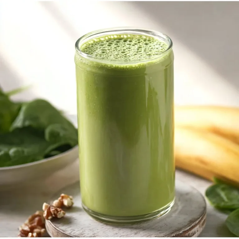 A vibrant green smoothie in a glass, showcasing fresh ingredients like spinach and fruits.