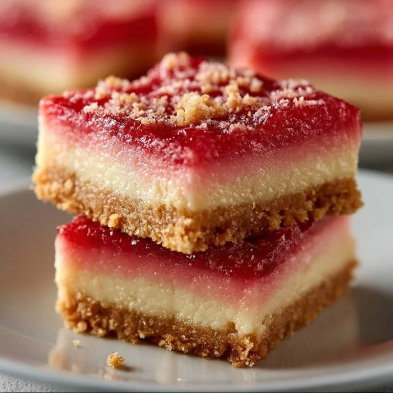 Delicious No Bake Rhubarb Cheesecake Squares with a creamy texture and rhubarb topping