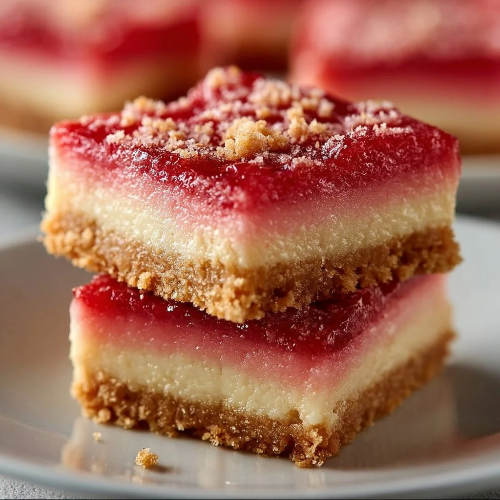 Delicious No Bake Rhubarb Cheesecake Squares with a creamy texture and rhubarb topping
