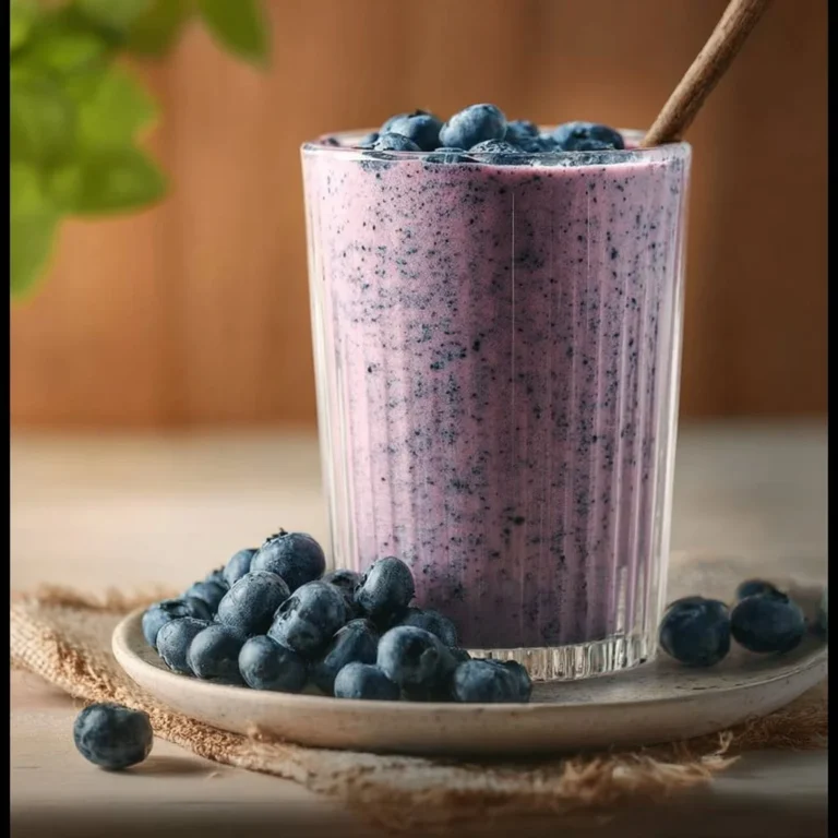 Nutritious blueberry protein smoothie in a glass with fresh blueberries