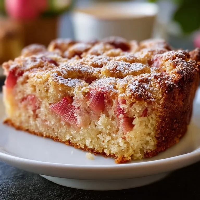 Slice of Old-Fashioned Norwegian Rhubarb Cake on a plate
