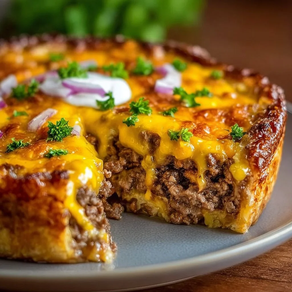 One-Pan Cheeseburger Pie Dinner with melted cheese and beef in a savory crust