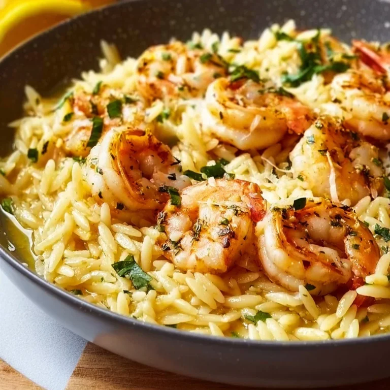 One-Pan Lemon Butter Shrimp Orzo dish garnished with herbs on a plate.