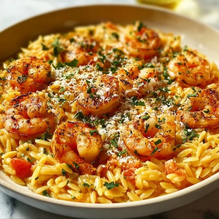 One Pan Parmesan Orzo with Shrimp dish showcasing creamy orzo and succulent shrimp.