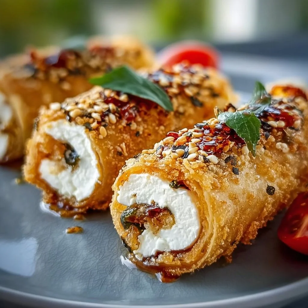 Oven fried feta rolls served on a plate with dipping sauce