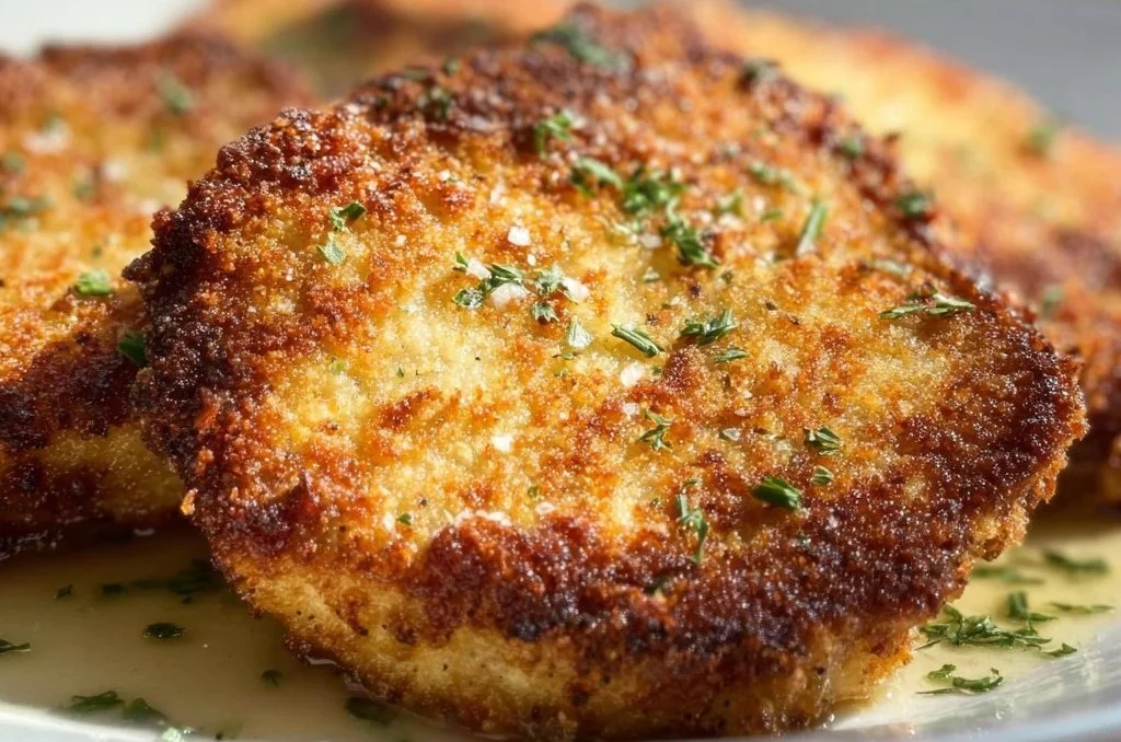 Parmesan crusted pork chops served on a plate with herbs and spices
