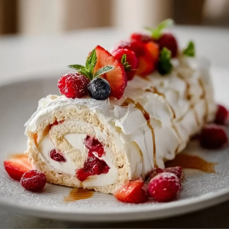 Delicious Pavlova Roulade decorated with fresh fruits and whipped cream.