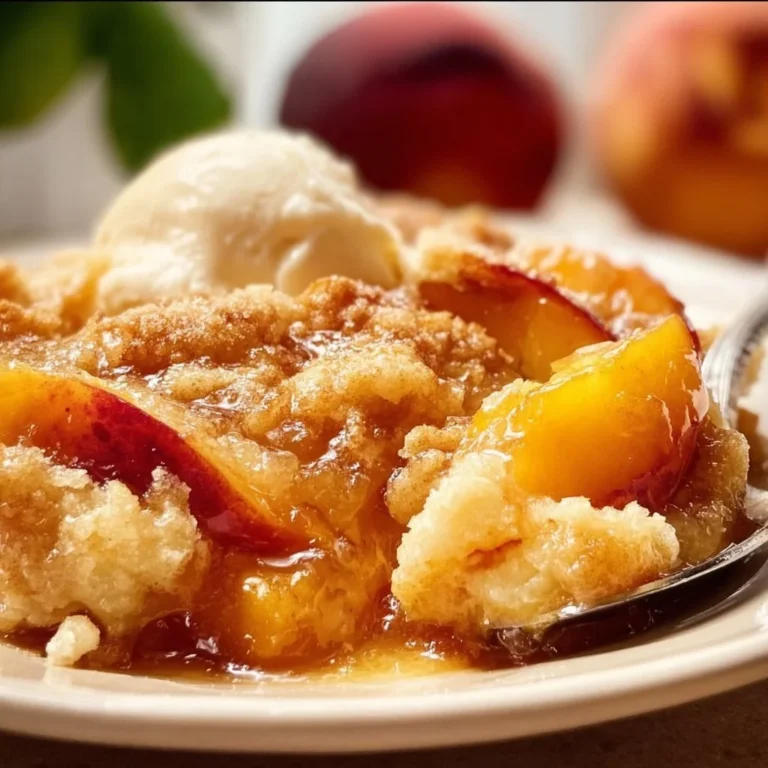 Fresh peach cobbler served warm with a scoop of vanilla ice cream