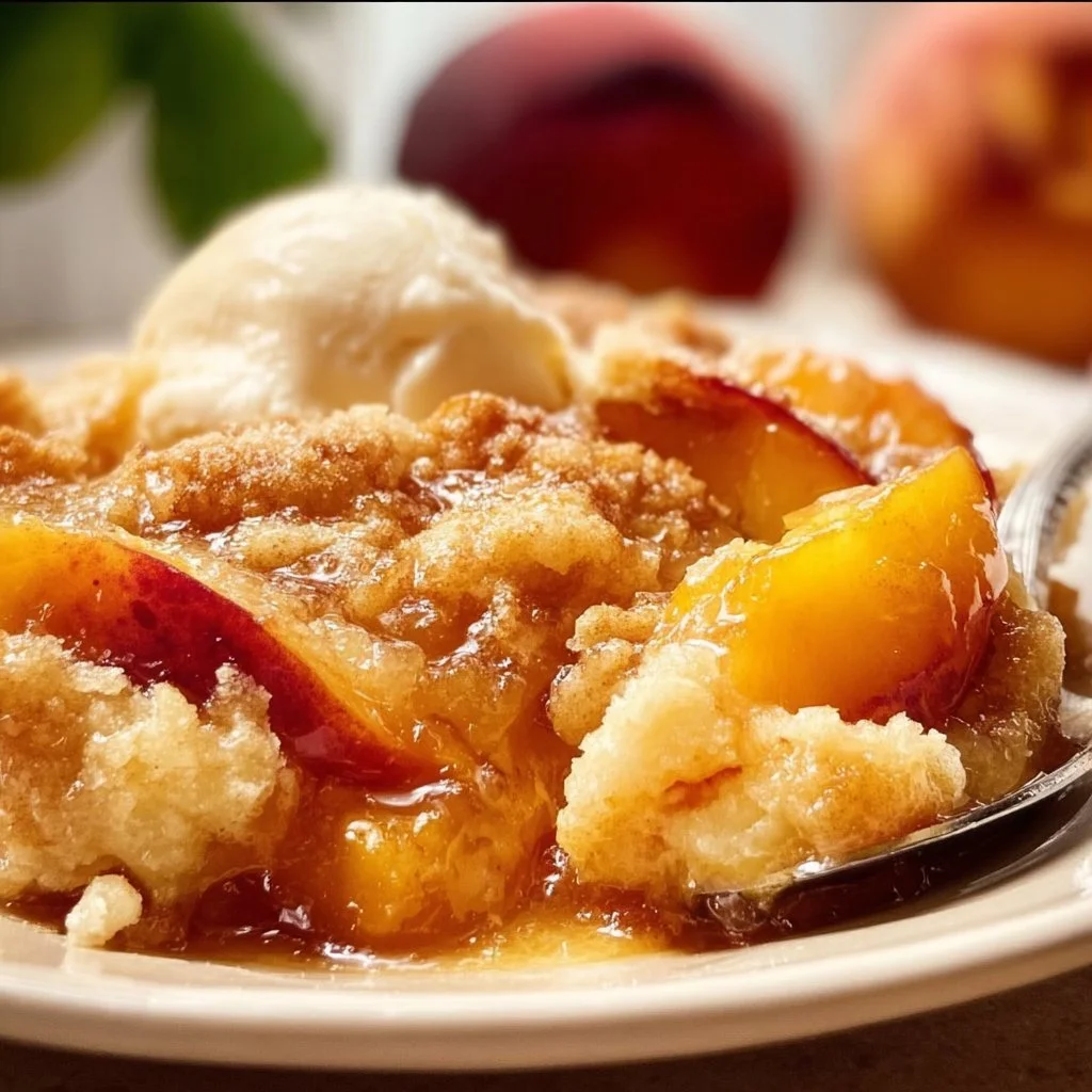 Fresh peach cobbler served warm with a scoop of vanilla ice cream