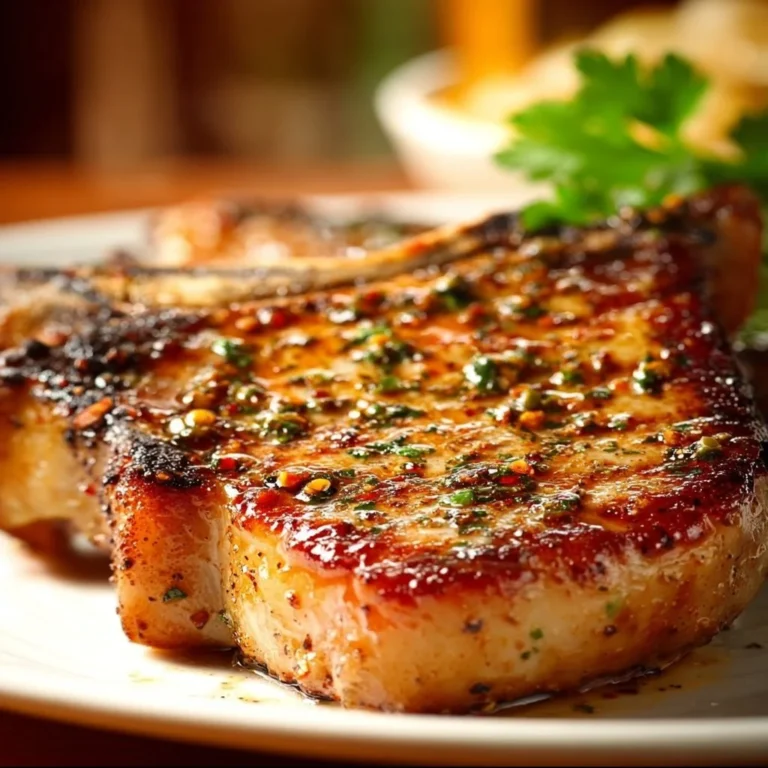 Perfectly baked pork chops on a plate with herbs and seasoning.