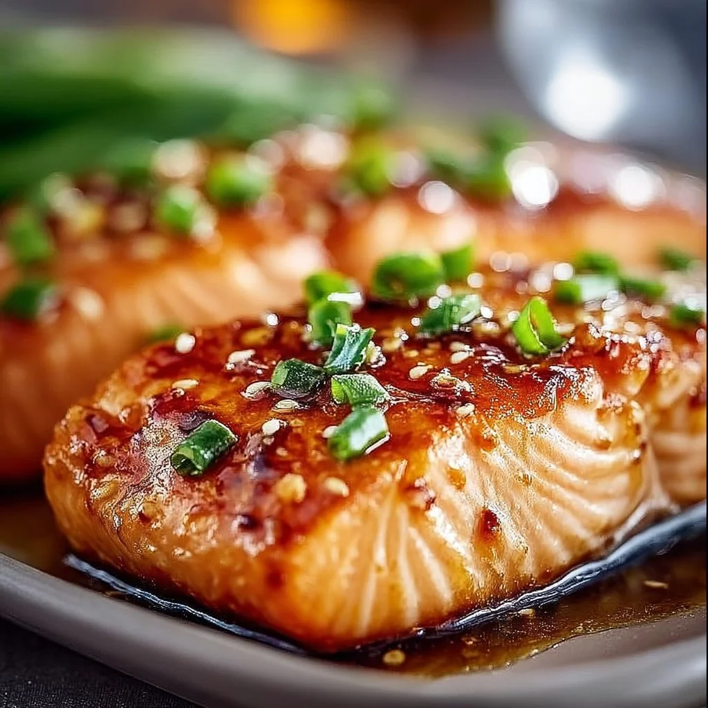 Crispy honey garlic salmon served with a lemon garnish on a plate