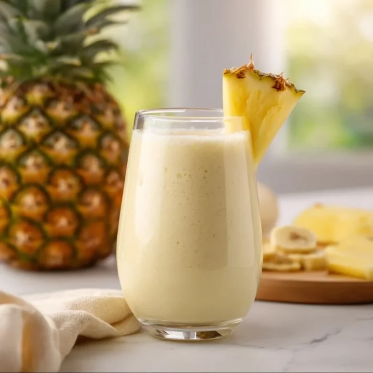 Delicious Pineapple Banana Smoothie in a glass with tropical fruits.